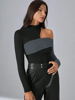 T-Shirt À Manches Longues En Polyester Noir Décolleté Asymétrique Femme