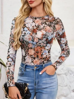 T-shirt à manches longues imprimé léopard floral col rond pour femme
