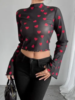 T-shirt à manches longues marron à imprimé floral et col montant en polyester pour femme