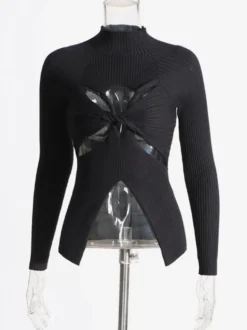 T-shirt à manches longues noir à découpes et col montant torsadé pour femme