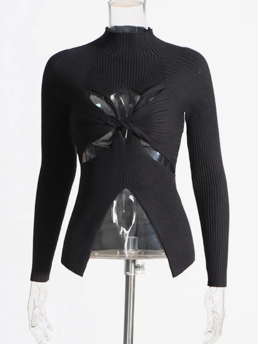 T-shirt à manches longues noir à découpes et col montant torsadé pour femme