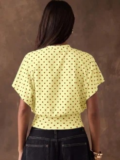 T-shirt à manches 3/4 rose à pois col rond pour femme