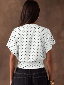 T-shirt à manches 3/4 rose à pois col rond pour femme
