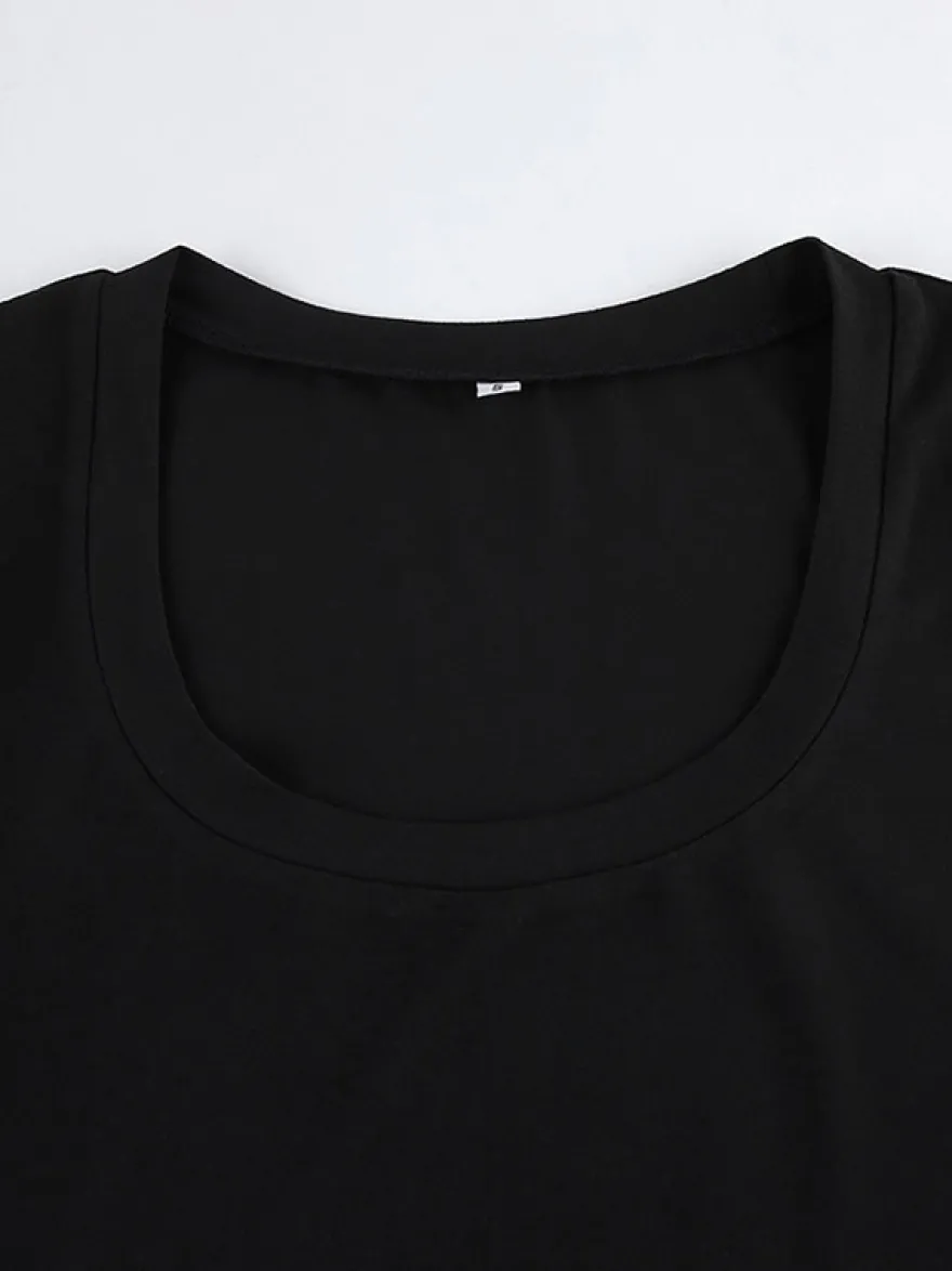 T-shirt noir à manches courtes et col en U pour femme
