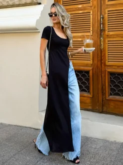 T-shirt noir à manches courtes et col en U pour femme