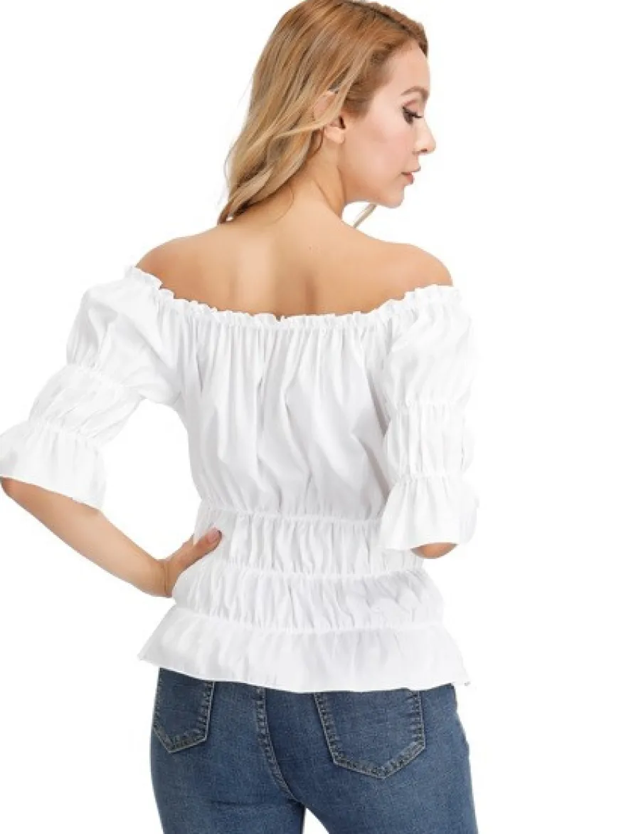 T-shirt noir à manches courtes plissé à épaules dénudées pour femme