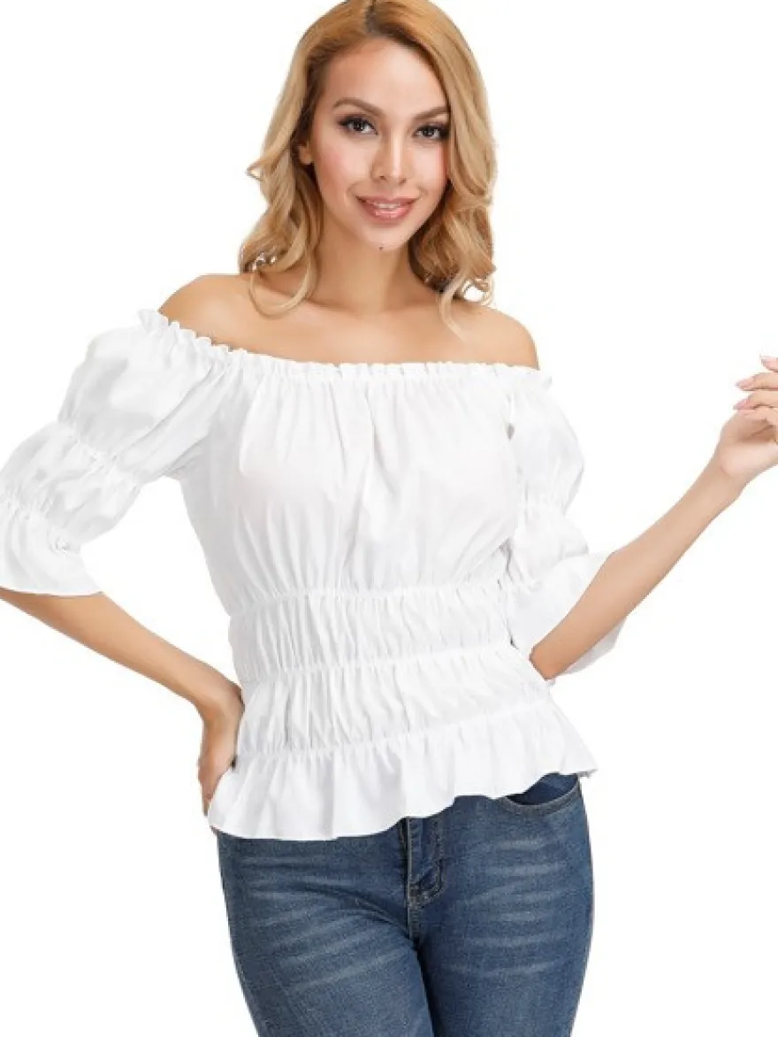 T-shirt noir à manches courtes plissé à épaules dénudées pour femme
