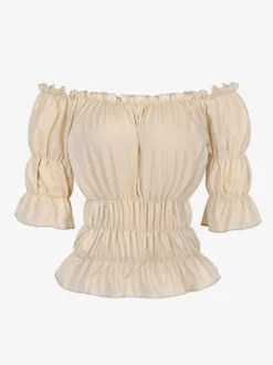 T-shirt noir à manches courtes plissé à épaules dénudées pour femme