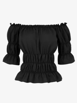 T-shirt noir à manches courtes plissé à épaules dénudées pour femme