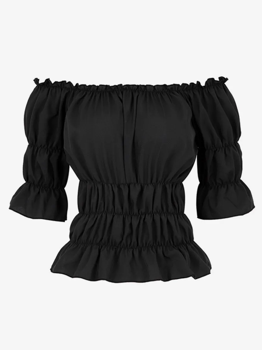 T-shirt noir à manches courtes plissé à épaules dénudées pour femme