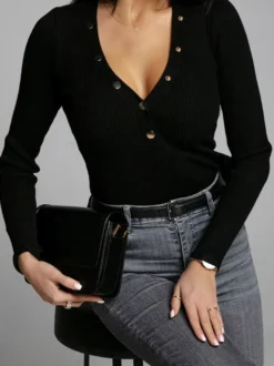 T-Shirts À Manches Longues Boutons Noirs Col En V Femmes