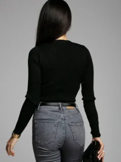 T-Shirts À Manches Longues Boutons Noirs Col En V Femmes