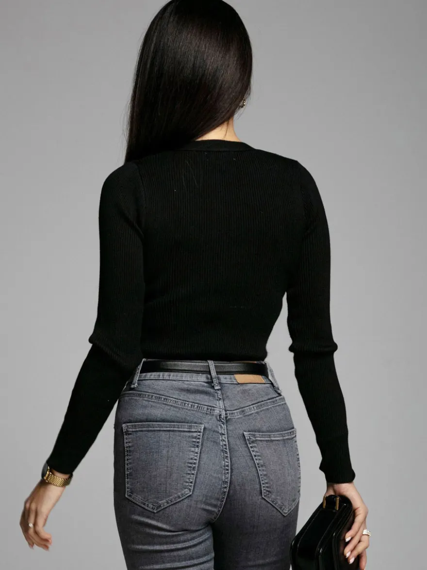 T-Shirts À Manches Longues Boutons Noirs Col En V Femmes