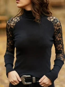 T-Shirts Noir En Dentelle À Manches Longues Col Montant Polyester Femmes Top