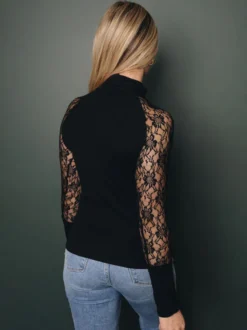 T-Shirts Noir En Dentelle À Manches Longues Col Montant Polyester Femmes Top