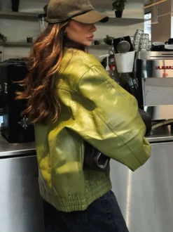 Veste aviateur en similicuir à col rabattu vert pour femme vêtement d'extérieur de printemps 2026
