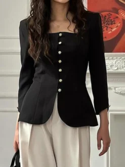Veste blazer boutonnée à col carré avec boutons dorés haut noir slim fit pour femme 2026
