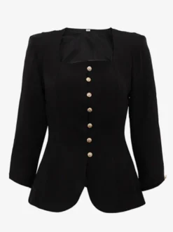 Veste blazer boutonnée à col carré avec boutons dorés haut noir slim fit pour femme 2026