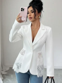 Veste blazer cintrée pour femme ourlet péplum en dentelle taille ajourée coupe ajustée manteau d'extérieur