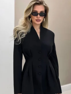 Veste blazer à col en V sans col pour femme taille cintrée plissée et à simple boutonnage