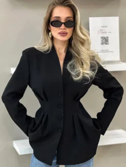 Veste blazer à col en V sans col pour femme taille cintrée plissée et à simple boutonnage