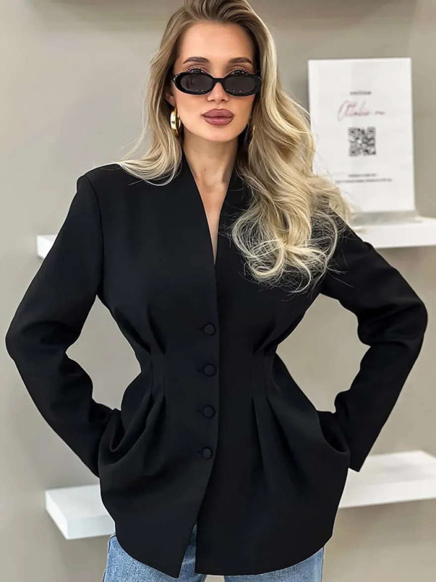 Veste blazer à col en V sans col pour femme taille cintrée plissée et à simple boutonnage