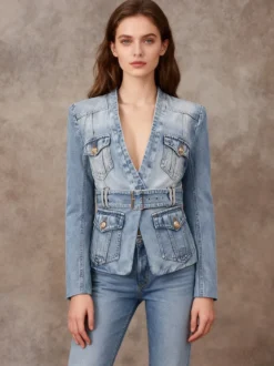 Veste blazer en jean délavé à col en V pour femme coupe ajustée et ceinture à la taille boutons dorés. Vêtements d'extérieur en jean.