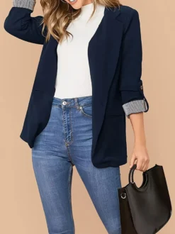 Veste blazer femme à revers ouverte sur le devant manches retroussables poignets rayés style décontracté avec poches