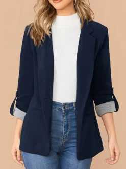 Veste blazer femme à revers ouverte sur le devant manches retroussables poignets rayés style décontracté avec poches