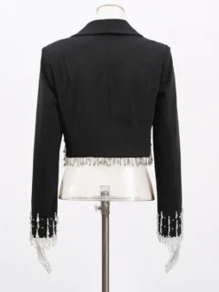 Veste blazer à franges et perles pour femme - Manteau de soirée noir court à revers châle et franges - Printemps 2026