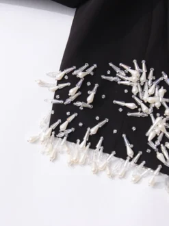 Veste blazer à franges et perles pour femme - Manteau de soirée noir court à revers châle et franges - Printemps 2026
