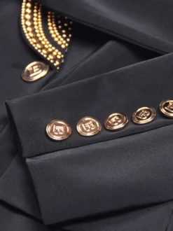 Veste blazer à manches longues croisée à revers châle orné de perles dorées pour femme