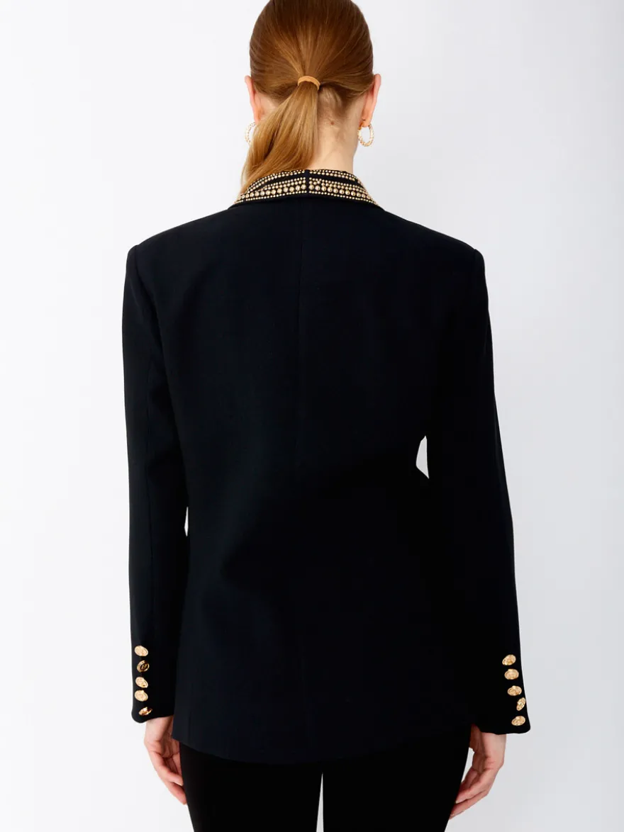 Veste blazer à manches longues croisée à revers châle orné de perles dorées pour femme