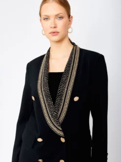 Veste blazer à manches longues croisée à revers châle orné de perles dorées pour femme