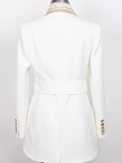 Veste blazer à manches longues croisée à revers châle orné de perles dorées pour femme
