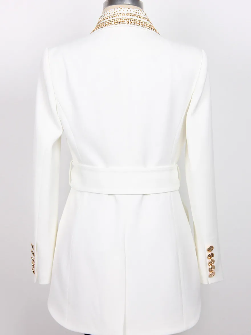 Veste blazer à manches longues croisée à revers châle orné de perles dorées pour femme