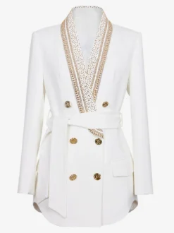 Veste blazer à manches longues croisée à revers châle orné de perles dorées pour femme
