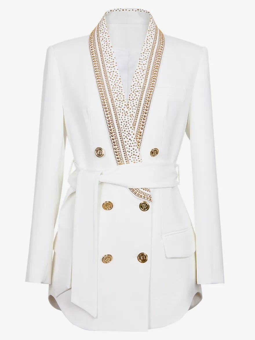 Veste blazer à manches longues croisée à revers châle orné de perles dorées pour femme
