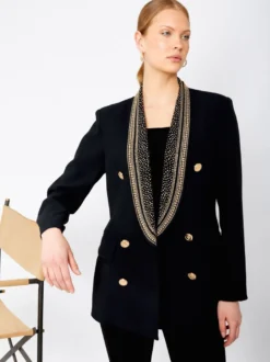 Veste blazer à manches longues croisée à revers châle orné de perles dorées pour femme