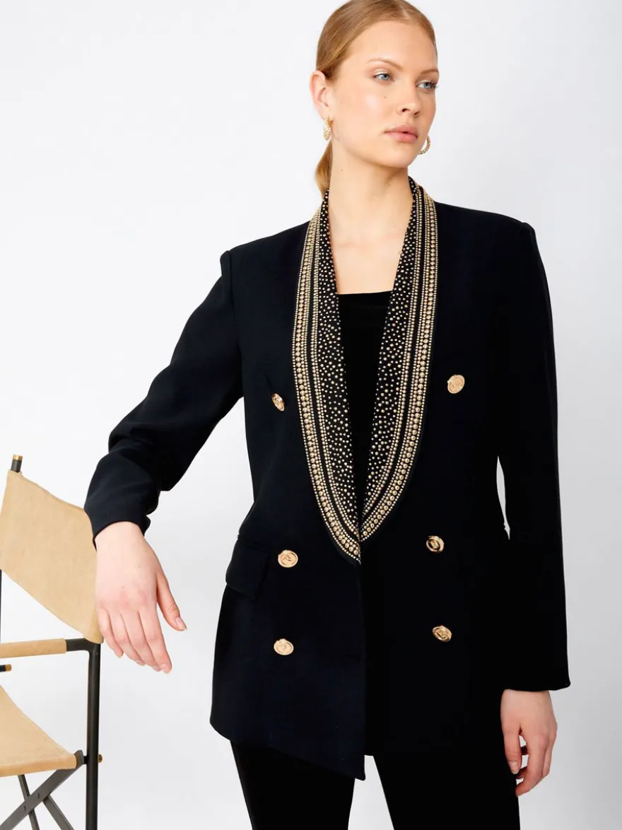 Veste blazer à manches longues croisée à revers châle orné de perles dorées pour femme