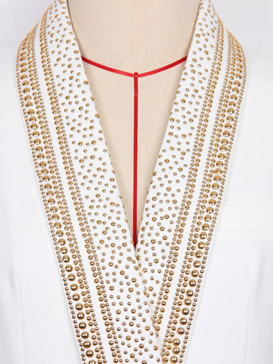 Veste blazer à manches longues croisée à revers châle orné de perles dorées pour femme