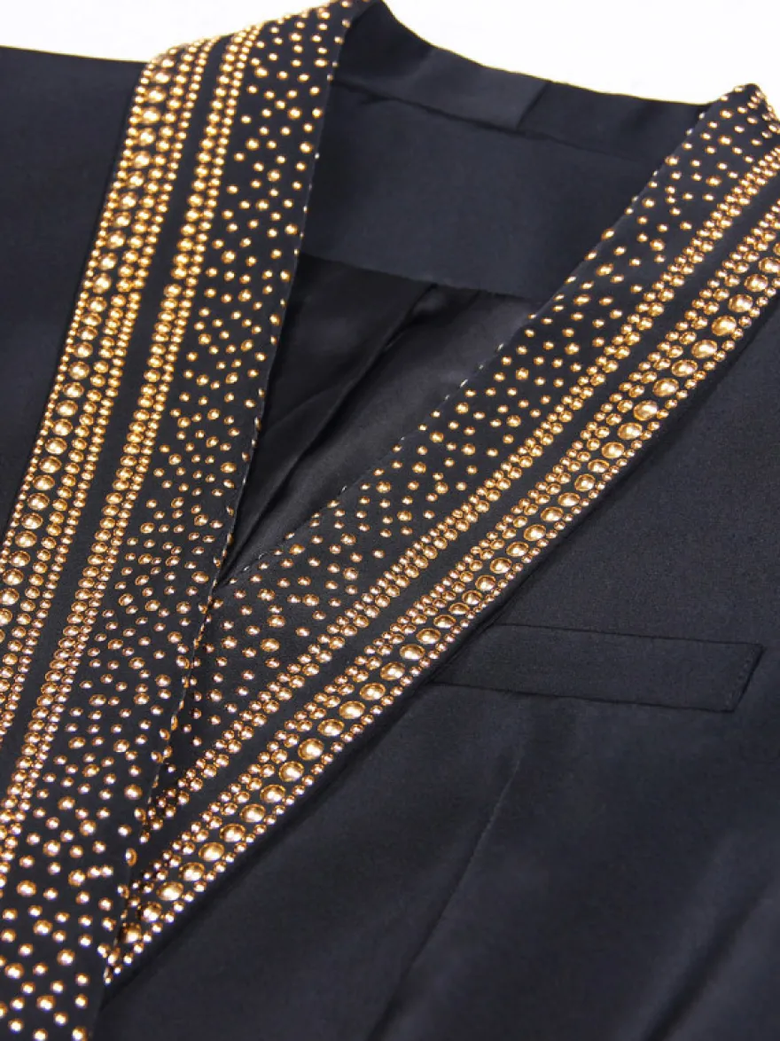 Veste blazer à manches longues croisée à revers châle orné de perles dorées pour femme