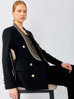 Veste blazer à manches longues croisée à revers châle orné de perles dorées pour femme