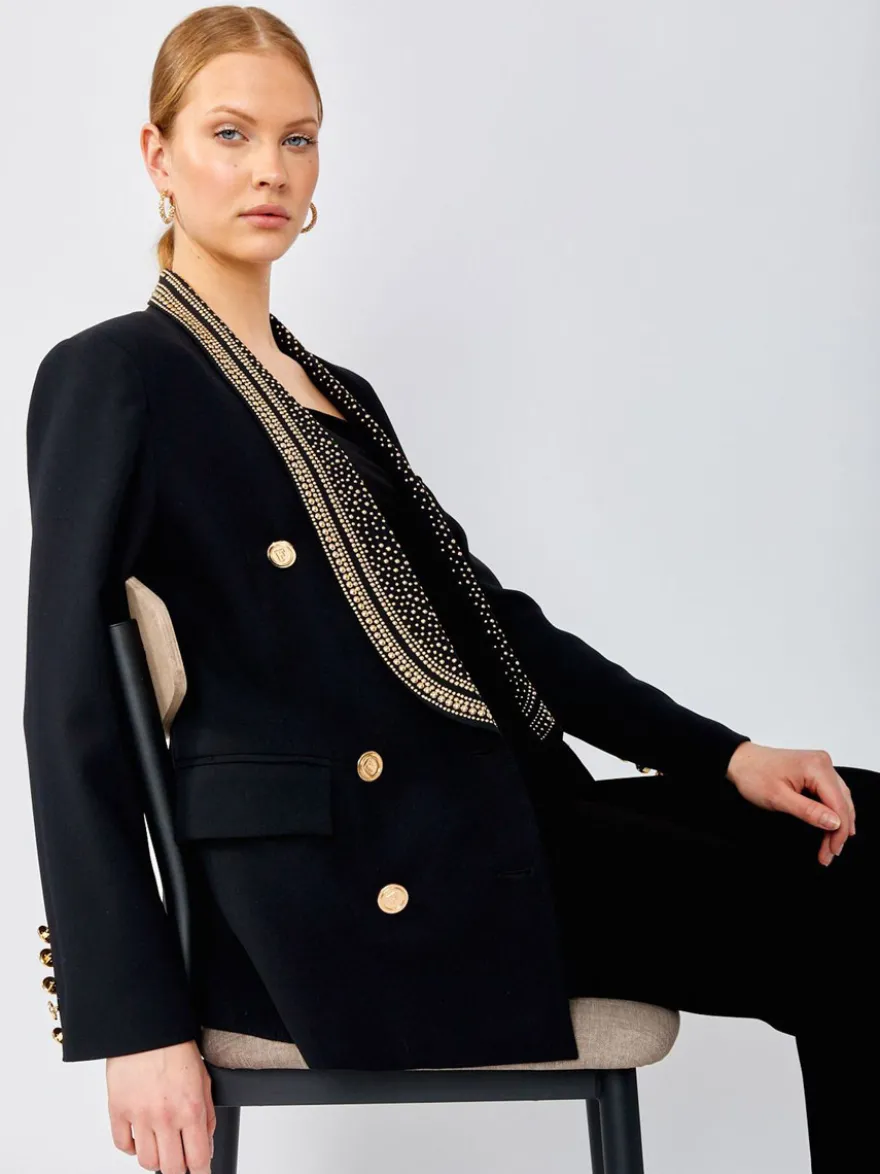 Veste blazer à manches longues croisée à revers châle orné de perles dorées pour femme