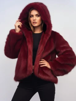 Veste à capuche en fausse fourrure bordeaux pour femme 2026