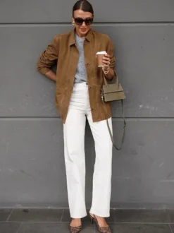 Veste-chemise femme en faux daim beige - Haut oversize rétro à poches cargo - Style streetwear décontracté printemps 2026