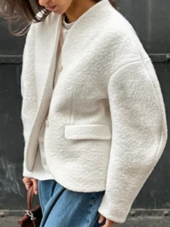 Veste courte blanche en bouclette pour femme - Élégante veste d'extérieur à col V manches bouffantes et coupe ajustée - Chic français pour le printemps 2026