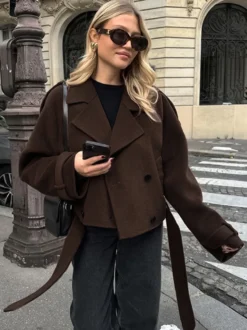 Veste courte croisée pour femme - Coupe courte chic ceinturée - Style streetwear décontracté et luxueux pour le printemps 2026