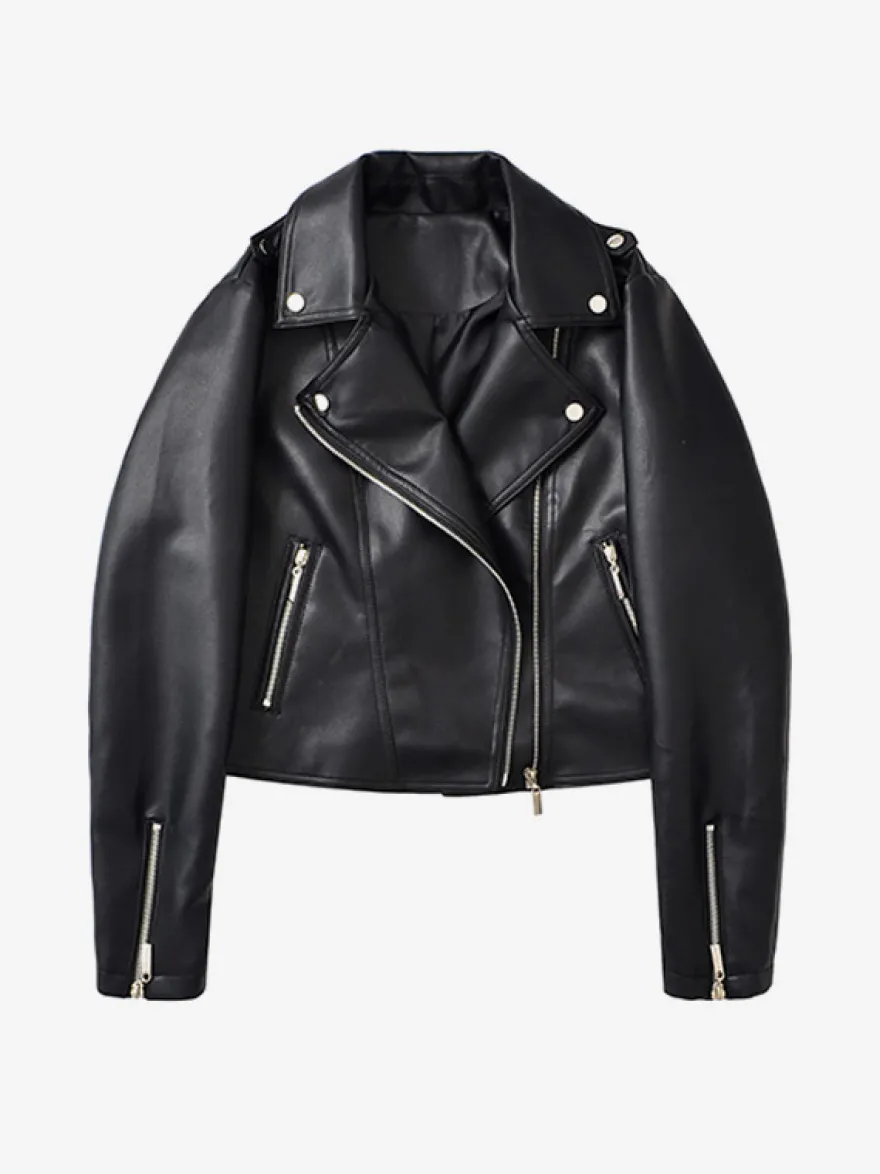 Veste courte de motard en similicuir noir pour femme fermeture éclair et revers