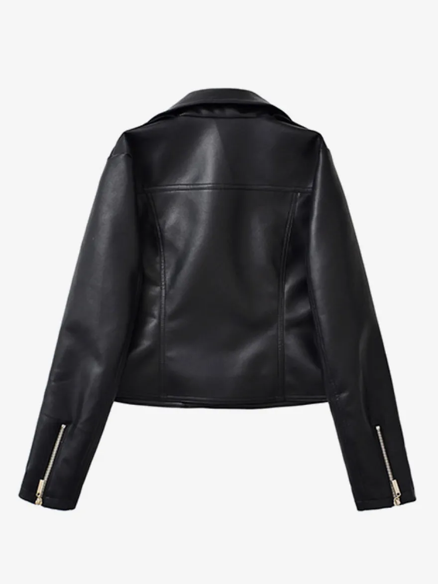 Veste courte de motard en similicuir noir pour femme fermeture éclair et revers